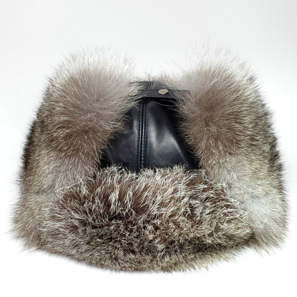 Black Lambs Leather Gray Fox Trapper Style Hat NWOT